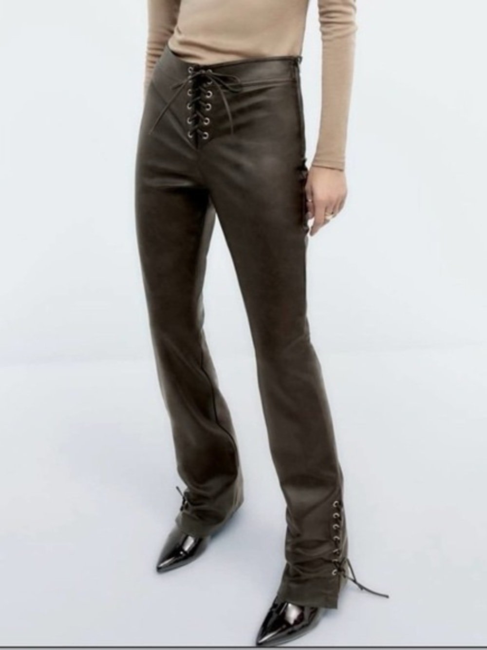 Zara Distressed Faux Leather Lace-Up Front & Hem Pants - Picture 4 of 4